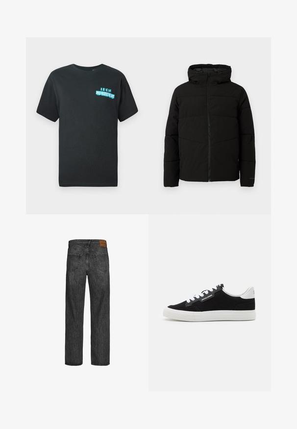 Jachetă neagră căptușită cu glugă, având un fermoar complet pe față, cusături orizontale și manșete elastice pentru o fixare strânsă.; Tricou din bumbac negru, cu mâneci scurte, având un design grafic albastru care inscripționează "IRON MAIDEN" în litere stilizate pe față.; Blugi negri din denim cu un design drept, stil cu cinci buzunare și o etichetă din piele maro la talie. Material texturat cu detalii de cusătură.; Jack & Jones JFWMORDEN COMBO - Sneakers low - anthracite
