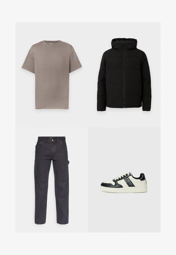Černá vycpaná bunda s kapucí, má plný přední zip, horizontální švy a elastické manžety pro pohodlné nošení.; Volný krátký rukáv tričko s kulatým výstřihem v tlumené taupe barvě zobrazené na bílém pozadí.; Tmavě šedé cargo kalhoty vyrobené z odolné látky, s rovnými nohavicemi, pěti kapsami a knoflíkovým zapínáním v pase.; Kožené tenisky s černobílou barevnou kombinací, které mají perforované detaily, polstrovaný límec a texturovanou podrážku.