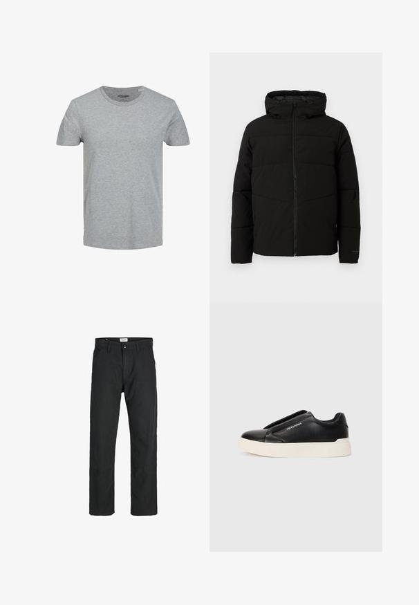 Fekete párnázott kabát kapucnival, teljes elülső cipzárral, vízszintes varrással és elasztikus mandzsettákkal a szoros illeszkedés érdekében.; Szürke, rövid ujjú póló, puha pamutból készült. Klasszikus kerek nyakkivágással és átlagos szabással rendelkezik. Egyszerű dizájn, minta vagy díszítőelemek nélkül.; Fekete nadrág tartós anyagból, egyenes szárú kialakítással, varrott díszítésekkel és két elülső zsebbel a funkciók érdekében.; Fekete slip-on sneaker, textúrált bőrfelsővel, fehér gumitalppal és láthatatlan fűzőkkel. Az oldalon a márka logója található.
