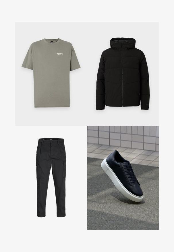 Chaqueta acolchada negra con capucha, que cuenta con un cierre frontal completo, costuras horizontales y puños elásticos para un ajuste ceñido.; Camiseta de algodón verde oliva con mangas cortas, cuello redondo y texto blanco que dice "Armonía Equilibrio en la Naturaleza" en el lado izquierdo del pecho.; Pantalones cargo negros hechos de tela resistente, que cuentan con múltiples bolsillos, un cierre de botón y un diseño de corte slim con piernas ajustadas.; Zapatilla de cuero negro con punta redonda y suela de goma blanca. Presenta cordones planos y un mínimo de costuras en la parte superior. Suela texturizada para proporcionar agarre.