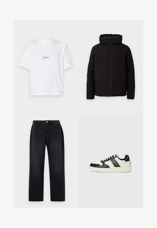 Black padded jacket with a hood, featuring a full front zipper, horizontal stitching, and elastic cuffs for a snug fit.; White cotton T-shirt featuring short sleeves, a classic crew neckline, and a black scripted "Edition" text on the left chest area.; Black denim jeans with a straight-leg design. Features a button closure, belt loops, and two side pockets. Smooth texture, no visible patterns.; Leather sneakers with a black and cream color scheme, featuring perforated accents, a padded collar, and a textured outsole.