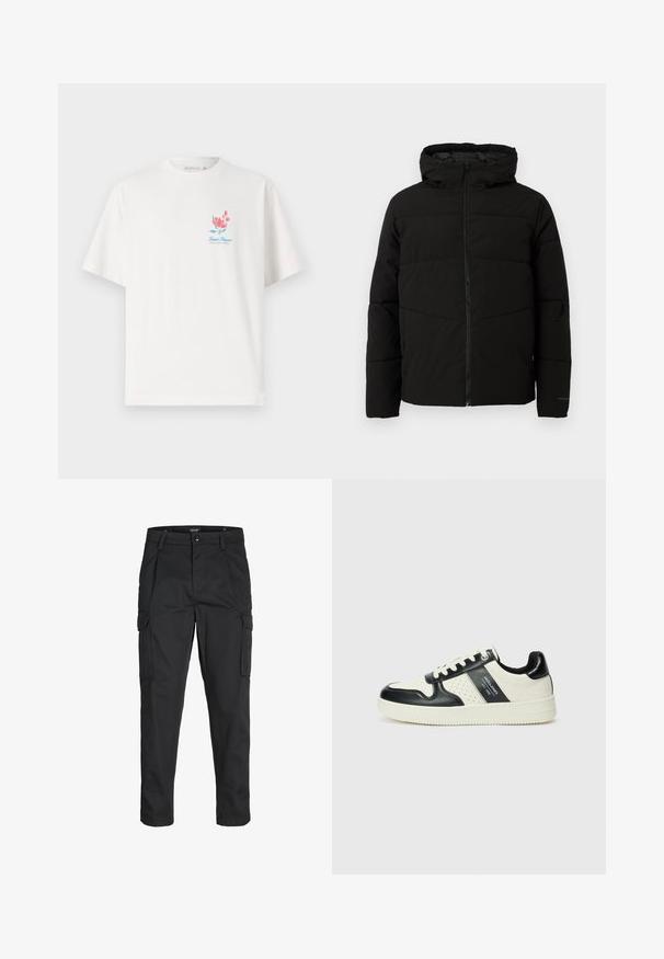 Črno podloženo jakno s kapuco, ki ima popoln sprednji zadrgo, vodoravne šive in elastične manšete za tesno prileganje.; Bela bombažna majica s krožnim izrezom, kratkimi rokavi, ki vsebuje pisano cvetlično zasnovo in napis "Saint Tropez" na prsih.; Črne cargo hlače iz trdnega blaga, ki imajo več žepov, gumbasto zapiranje in ozek kroj z zožanimi nogami.; Usnjeni športni čevlji z črno in krem barvno shemo, ki vključujejo perforirane dodatke, podložen ovratnik in strukturirano podplat.