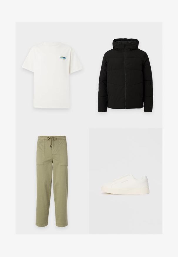 Svart polstret jakke med hette, med full front glidelås, horisontale sømmer og elastiske mansjetter for en tettsittende passform.; Hvit bomulls t-skjorte med kort erm, med et fargerikt grafisk design på venstre brystområde som viser en fisk og tekst.; Lys olivengrønne bukser laget av bomullsblandingsstoff, med elastisk midje og snor, samt to store sidelommer.; Hvite slip-on joggesko med teksturert overflate, tykk såle og minimalistisk design. Har merkevarelogo på siden.