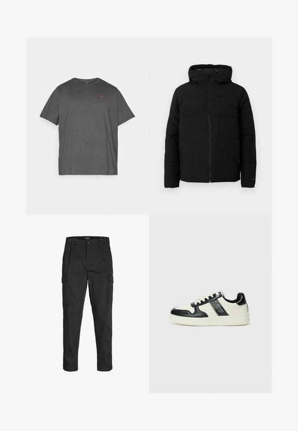 Black padded jacket with a hood, featuring a full front zipper, horizontal stitching, and elastic cuffs for a snug fit.; Levi's® Plus BIG ORIGINAL TEE - Basic T-shirt - dark charcoal heather; Black cargo pants made of sturdy fabric, featuring multiple pockets, a button closure, and a slim fit design with tapered legs.; Leather sneakers with a black and cream color scheme, featuring perforated accents, a padded collar, and a textured outsole.