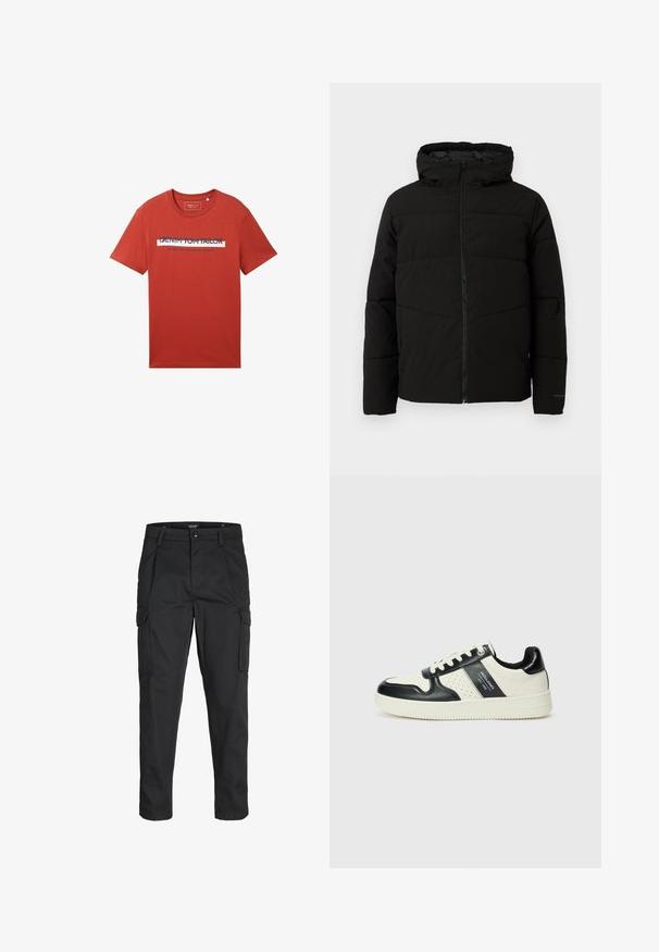 Black padded jacket with a hood, featuring a full front zipper, horizontal stitching, and elastic cuffs for a snug fit.; Red cotton t-shirt featuring a round neckline and short sleeves, with a printed logo design in black and white across the front.; Black cargo pants made of sturdy fabric, featuring multiple pockets, a button closure, and a slim fit design with tapered legs.; Leather sneakers with a black and cream color scheme, featuring perforated accents, a padded collar, and a textured outsole.