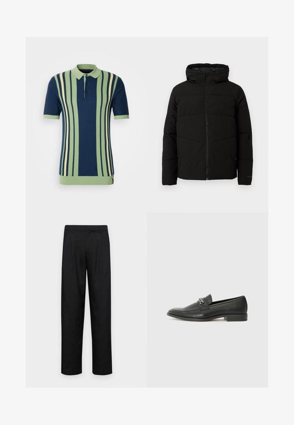 Black padded jacket with a hood, featuring a full front zipper, horizontal stitching, and elastic cuffs for a snug fit.; Short-sleeve polo shirt featuring horizontal stripes in navy, light green, and cream. Ribbed collar and cuffs; three-button placket.; Black trousers made of smooth fabric, featuring a straight-leg design, two front pleats, and standard waistband with belt loops.; Black leather loafer with a smooth finish, featuring a stitched design and a decorative metal chain accent across the vamp. Flat heel.