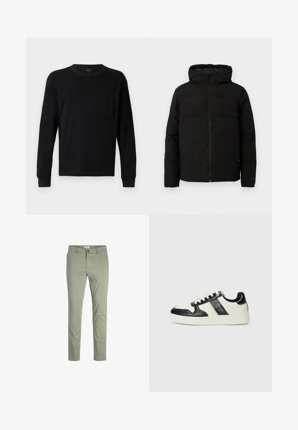 Fekete párnázott kabát kapucnival, teljes elülső cipzárral, vízszintes varrással és elasztikus mandzsettákkal a szoros illeszkedés érdekében.; Fekete, hosszú ujjú póló puha pamutból, kerek nyakkal, bordás mandzsettákkal és egy kis mellzsebbel. Minimalista dizájn.; Világos olajzöld nadrág sima anyagból, cipzáros és gombos záródással, slim fit szabással és egyenes szárakkal.; Fekete és krém színű bőrsneaker, perforált díszítésekkel, párnázott bokapánttal és texturált talppal.