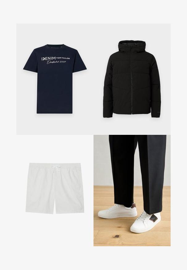 Chaqueta acolchada negra con capucha, que cuenta con un cierre frontal completo, costuras horizontales y puños elásticos para un ajuste ceñido.; La camiseta de algodón azul marino presenta mangas cortas y un cuello redondo. En la parte delantera se muestra el texto blanco "DENIM TOM TAILOR Establecido 2007" en varias tipografías.; Pantalones cortos de algodón blancos con cintura elástica y cordón ajustable, que cuentan con dos bolsillos laterales y líneas limpias, ofreciendo un diseño sencillo.; Zapatillas blancas con textura suave, con acentos de cuero marrón y detalles en negro, combinadas con pantalones negros ajustados. Fondo de suelo de madera.