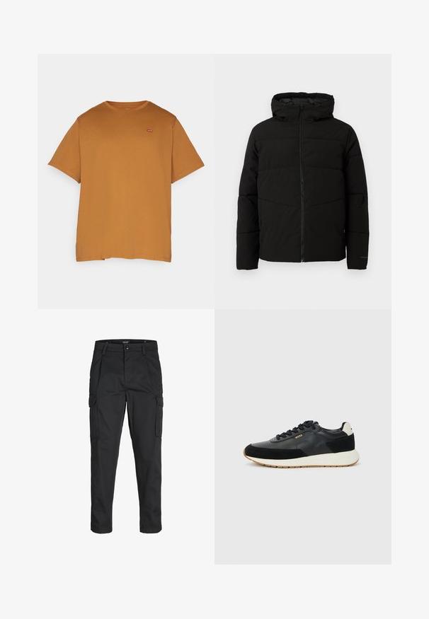 Fekete párnázott kabát kapucnival, teljes elülső cipzárral, vízszintes varrással és elasztikus mandzsettákkal a szoros illeszkedés érdekében.; Levi's® Plus BIG ORIGINAL TEE - Basic póló - dark ginger; Fekete cargo nadrág, amely tartós anyagból készült, több zsebet tartalmaz, gombos záródással rendelkezik, és karcsú szabású, szűkített lábakkal bír.; Fekete sportcipő, textúrált bőr és velúr kombinációjával, fehér középtalppal és gumi talppal. Fekete fűzőkkel.
