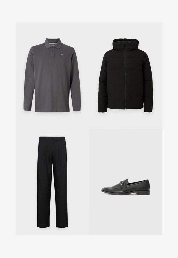 Mustat vuorattuja takki, jossa on huppu, täysi etuvetoketju, vaakasuorat saumat ja joustavat hihansuut tiiviiseen istuvuuteen.; Pitkähihaista pikeepaitaa tummanharmaasta puuvillasta, jossa on kaulus, kolme nappia ja pieni logo vasemmassa rinnassa.; Mustat housut, jotka on valmistettu sileästä kankaasta, suoran lahkeen muotoilulla, kahdella etupleekillä ja tavanomaisella vyötäröllä, jossa on vyölenkit.; Musta nahkakengät, joissa on sileä pinta, koristeelliset ompeleet ja metalliketjun yksityiskohta kengän päällä. Littee korko.