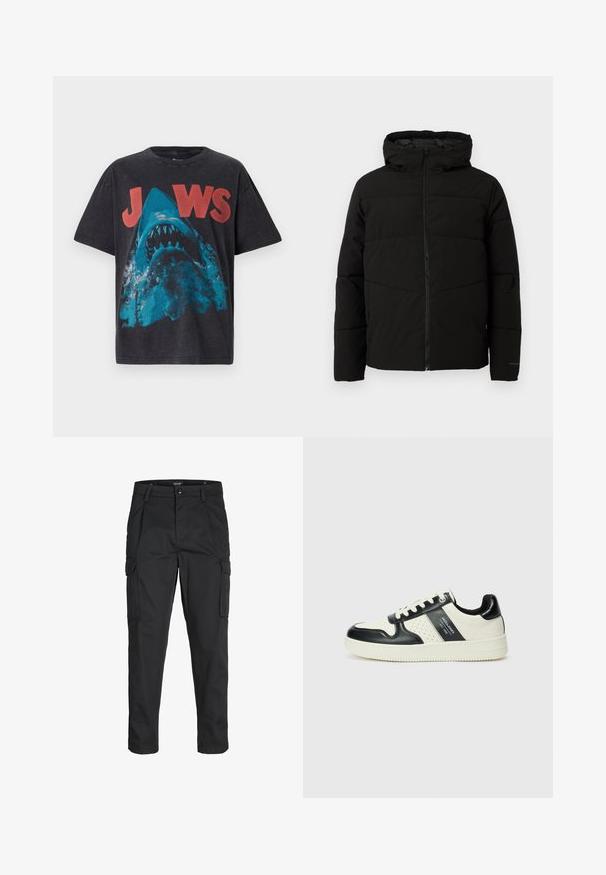Melnā polsterētā jaka ar kapuci, ar pilnīgu priekšējo rāvējslēdzēju, horizontālām šuvēm un elastīgām piedurknēm ciešai piegulšanai.; Melnā krekla ar īsām piedurknēm priekšpusē ar zila haizivs grafiku un sarkanu "JAWS" tekstu. Izgatavots no kokvilnas, ar standarta piegriezumu.; Melnas kravas bikses, izgatavotas no izturīga auduma, ar vairākiem kabatām, pogu aizdari un šaura piegriezuma dizainu ar sašaurinātiem kāju apakšiem.; Ādas sporta apavi ar melnbaltu krāsu shēmu, ar perforētiem akcentiem, mīkstinātu apkakli un teksturētu zoli.