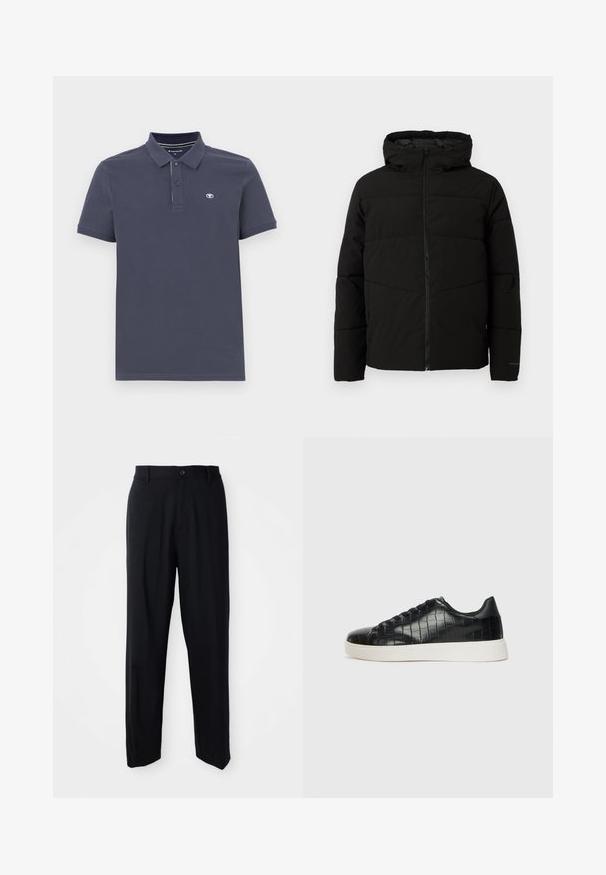 Veste matelassée noire avec capuche, dotée d'une fermeture zippée sur toute la longueur, de surpiqûres horizontales et de poignets élastiques pour un ajustement confortable.; Polo en coton mélangé bleu marine avec un col à deux boutons, des manches courtes et un petit logo brodé sur la poitrine gauche.; Pantalon noir à jambes droites avec passants de ceinture, fermeture à bouton et un design épuré et minimal sur un fond neutre.; Baskets noires avec un dessus en cuir gaufré effet crocodile, bout rond et semelle en caoutchouc blanc contrastant avec une finition lisse.