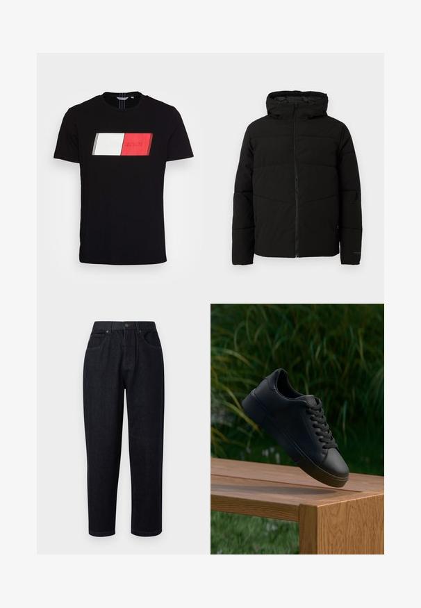 Casaco acolchoado preto com capuz, apresentando um fecho de correr frontal completo, costuras horizontais e punhos elásticos para um ajuste confortável.; Antony Morato T-shirt estampada - black; Calças de ganga azul-escuro com um corte relaxado, apresentando fecho de botão e zip, dois bolsos frontais e detalhes em costura.; Sapatilha de couro preto com atacadores parece flutuar acima de um banco de madeira, com relva verde e plantas desfocadas ao fundo.