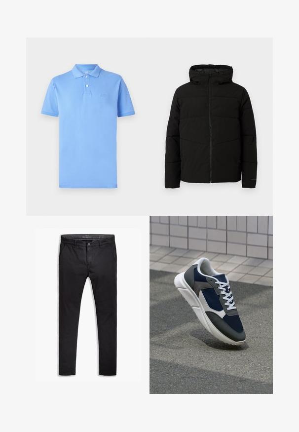 Juodas pūkuotas džemperis su kapišonu, turintis viso ilgio užtrauktuką, horizontaliu siuvinėjimu ir elastingomis rankogaliais, užtikrinančiais patogų prigludimą.; Šviesiai mėlyna polo marškinėliai, pagaminti iš medvilnės, trumpomis rankovėmis, su trimis sagutėmis, išsiuvinėtas logotipas ant krūtinės, glotni tekstūra.; Juodos medvilnės chinos kelnės su siaurėjančiu siluetu, turinčios penkis kišenes, diržo kilpos ir lygų paviršių. Su užtrauktuku ir mygtuko uždarymu.; Sportiniai bateliai su tamsiai mėlynu tinkliniu viršumi, pilkais zomšiniais akcentais, balta guma padanga ir plokščiomis baltomis raištelėmis, sukurti komfortui ir oro pralaidumui.