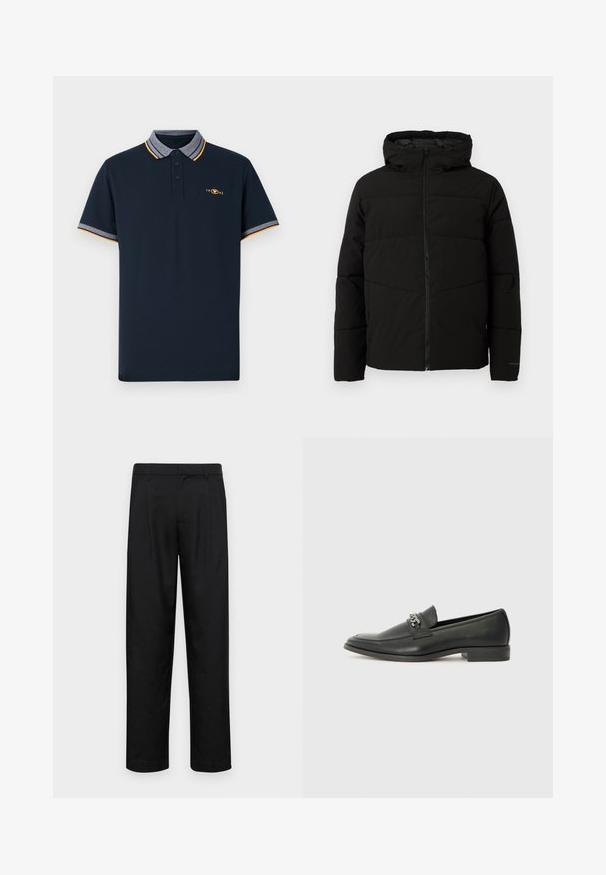 Giacca nera imbottita con cappuccio, dotata di zip frontale completa, cuciture orizzontali e polsini elasticizzati per una vestibilità aderente.; Polo shirt blu navy realizzato in cotone, con un colletto rifinito in grigio, dettagli arancioni e una chiusura con tre bottoni. Logo 1962 ricamato.; Pantaloni neri realizzati in tessuto liscio, caratterizzati da un taglio dritto, due pieghe frontali e una vita standard con passanti per la cintura.; Mocassino in pelle nera con finitura liscia, caratterizzato da un design cucito e da un accento decorativo in catena metallica sul vamp. Tacco piatto.