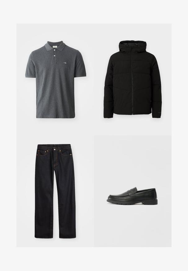 Must esmakad ja kapuutsiga must paks jakk, millel on täispikk lukus, horisontaalne õmblus ja elastsed mansetid, mis tagavad mugava istuvuse.; Tumehall polo särk, mis on valmistatud puuvillast. Omab klassikalist krae, kolme nööbiga plaat, lühikesi varrukasid ja väikest tikandiga logo rinnal.; Meeste sirge jala mustad denim teksad viie taskuga, oranž õmblus, nupu ja tõmblukuga ees nagu vöökoht.; Musthave nahkkingad siledast nahast, mokassiini stiilis ülevalt, tikanditega ja kummist tallaga. Klassikaline disain madala kontsaga.