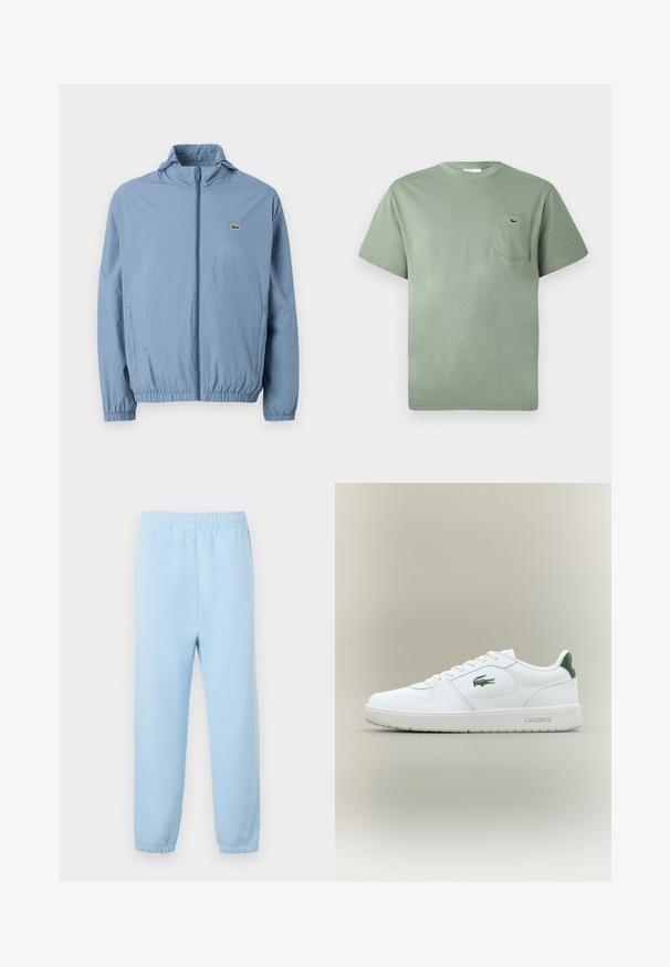 Light blue zip-up jacket with a hood, elastic cuffs, and waistband. Features a small green logo on the left chest pocket.; Light green short-sleeve cotton T-shirt with a chest pocket featuring a small embroidered crocodile logo.; Light blue sweatpants with an elastic waistband, cuffed hems, and a soft texture. Minimalist design, no patterns or embellishments.; White leather sneaker with a smooth finish, green accents on the heel, and a green logo on the side. Features a flat sole and round toe.