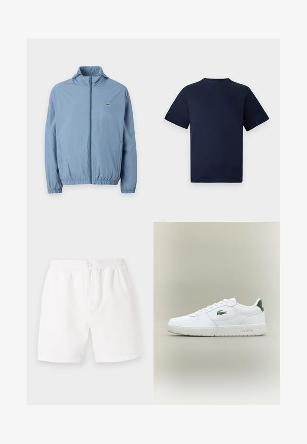 Lys blå zip-up jakke med hette, elastiske mansjetter og liv. Har en liten grønn logo på venstre brystlomme.; Marineblå bomullst-skjorte med kort erm, rund hals og en subtil brodert logo på brystet. Glatt tekstur, avslappet passform.; Hvite, teksturerte shorts med elastisk liv og knappelukking. Har en løs passform og mid-lår lengde, egnet for uformell bruk.; Hvite skinnsneakers med en glatt finish, grønne detaljer på hælen og en grønn logo på siden. Inkluderer flat såle og rund tå.