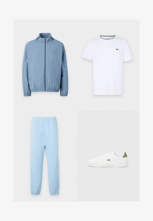 Helleblaue Zip-Jacke mit Kapuze, elastischen Bündchen und Taillenbund. Sie verfügt über ein kleines grünes Logo auf der linken Brusttasche.; Weißes Baumwoll-T-Shirt mit kurzen Ärmeln und geripptem Kragen, der grüne und schwarze Streifen hat; kleines grünes gesticktes Logo auf der linken Brust.; Helles blaues Sweatpants mit elastischem Bund, gerippten Säumen und einer weichen Textur. Minimalistisches Design, keine Muster oder Verzierungen.; Weiße Sneakers mit glatter Textur, die an der Ferse einen grünen Akzent und ein kleines eingesticktes Krokodil-Logo an der Seite aufweisen.