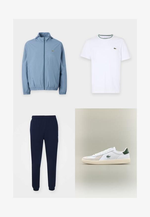 Gaiši zils pievilkšanas džempers ar kapuci, elastīgām piedurknēm un jostu. Uz kreisā krūšu kabatas ir neliels zaļš logotips.; Balta kokvilnas T-kreklā ar īsām piedurknēm un ribotu apkakli, kas rotāta ar zaļām un melnām svītrām; neliels zaļš izšūts logo kreisajā krūtī.; Navy zilā krāsa sporta bikses, izgatavotas no mīksta auduma, ar elastīgu jostu, sašaurinātām kājām un ribinātām aprocēm pie potītēm. Minimāla zīmola detaļa.; Baltie sporta apavi ar zaļiem akcentiem, izgatavoti no zamša un ādas, ar noapaļotu purngalu, teksturētu zoli un izšūtu logotipu sānos un uz mēles.