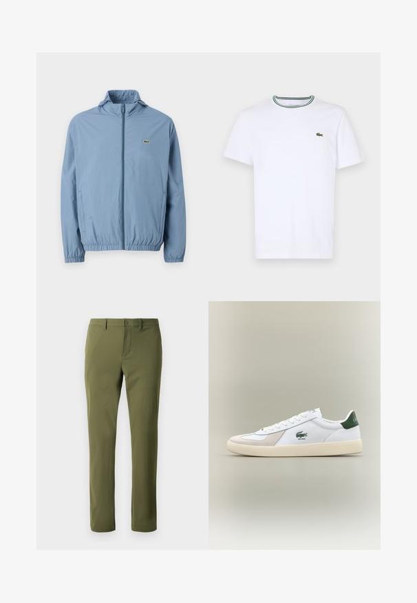 Gaiši zils pievilkšanas džempers ar kapuci, elastīgām piedurknēm un jostu. Uz kreisā krūšu kabatas ir neliels zaļš logotips.; Balta kokvilnas T-kreklā ar īsām piedurknēm un ribotu apkakli, kas rotāta ar zaļām un melnām svītrām; neliels zaļš izšūts logo kreisajā krūtī.; Olīvu zaļas bikses, kas izgatavotas no gludas auduma ar taisnu piegriezumu, ar pogu aizdari un jostu cilpām. Nav redzamu rakstu vai akcentu.; Baltie sporta apavi ar zaļiem akcentiem, izgatavoti no zamša un ādas, ar noapaļotu purngalu, teksturētu zoli un izšūtu logotipu sānos un uz mēles.