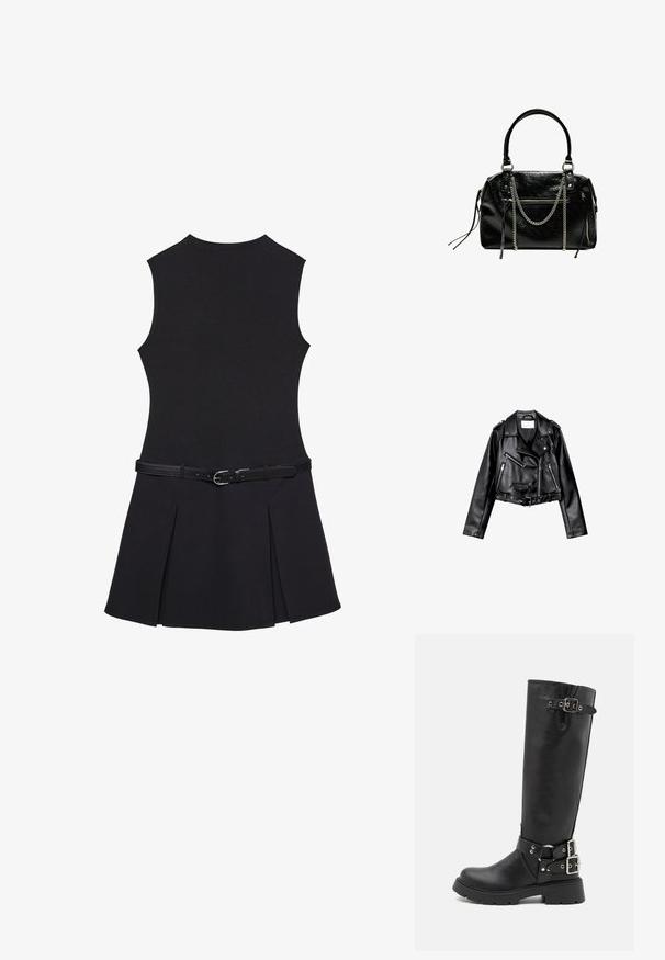 Czarna, krótka skórzana kurtka motocyklowa z asymetrycznym zamkiem błyskawicznym z przodu, zatrzaskami i czterema zamkami. Posiada regulowany pasek w talii.; Czarna sukienka bez rękawów z dopasowanym gorsetem, rozkloszowaną plisowaną spódnicą oraz cienkim czarnym paskiem z srebrną klamrą w talii.; RAID WESTINN czarny; Bershka - Torebka