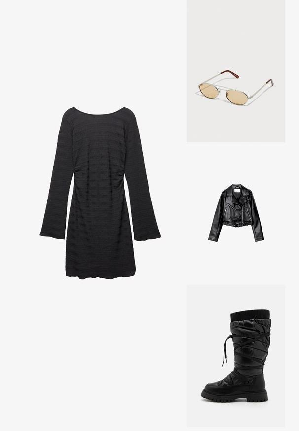 Čierna skrátená kožená motorkárska bunda s asymetrickým predným zipsom, cvokmi a štyrmi zipsami. Obsahuje nastaviteľný opasok v oblasti pásu.; Čierne šaty s dlhými zvonovými rukávmi, textúrovaná tkanina so horizontálnymi prúžkami, okrúhly výstrih a zberané bočné detaily.; Čierne vysoké čižmy po kolená s prešívanou textúrou, vybavené šnurovaním, kontrastným riasením na vrchnom okraji a hrubou, robustnou podrážkou.; Kovové slnečné okuliare s oválnymi, svetlohnedými tónovanými sklami. Úzky strieborný rám so štruktúrovanými akcentmi a červenohnedými koncami na ramenách.