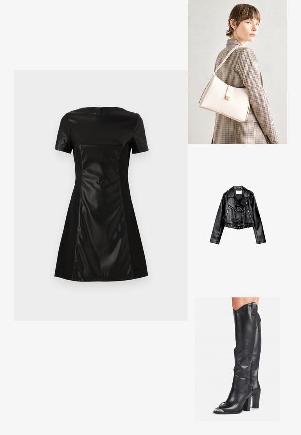 Crna skratena kožna moto jakna s asimetričnim prednjim zatvaračem, s gumbima na dugmad i četiri patentna zatvarača. Sadrži podesivi pojas u struku.; Crna haljina sa glatkim prednjim panelom od umjetne kože, kratkim rukavima i suknjom koja se širi. Stražnji dio ima diskretno zatvaranje na patentni zatvarač.; Crne kožne čizmice do koljena s elegantnim dizajnom, šiljastim prstima, metalnim detaljima i zatvaranjem na patentni zatvarač s unutarnje strane.; Bijela kožna torba s čvrstim dizajnom, s magnetskim kopčanjem i remenom za rame, prikazana na neutralnoj pozadini.