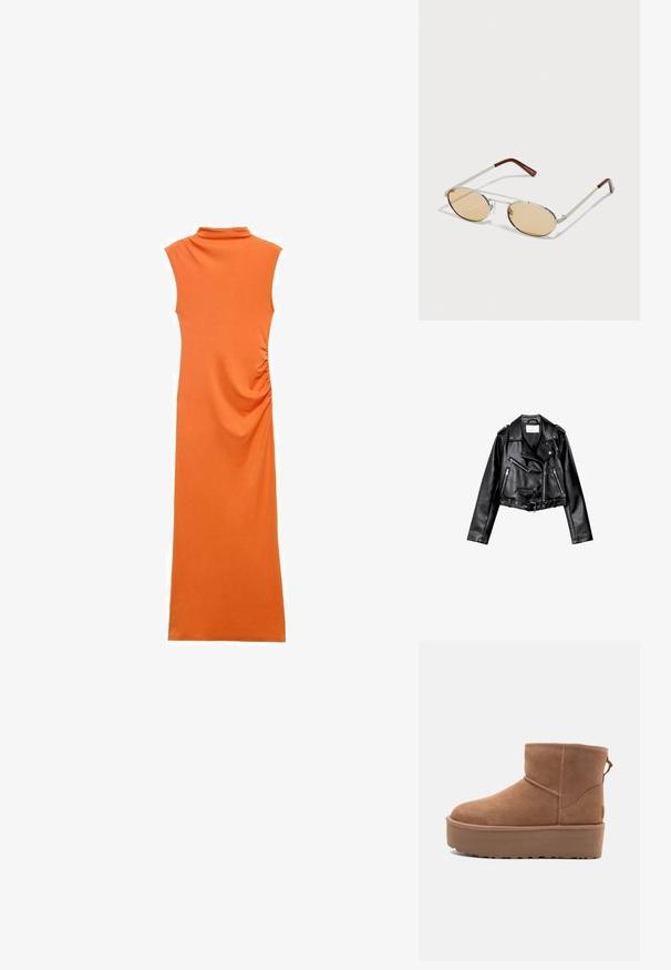 Sort cropped læderbikerjakke med asymmetrisk frontlynlås, trykknapper og fire lynlåse. Har et justerbart bælte i taljen.; Orange ærmeløs kjole med høj krave, med sideløsninger og en lang, tætsiddende silhuet i blødt, strækbart stof.; Tan ruskinds ankelstøvle med platformssål, rund tå og syninger; har en løkke bagpå for nem påtagning.; Metal solbriller med ovale, lysebrune tonede linser. Slank sølvfarvet stel med teksturerede detaljer og rødbrune spidser på stængerne.