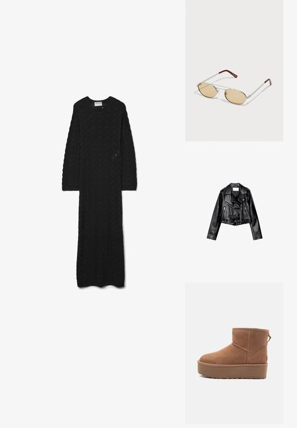 Mustat lyhythihaiset nahkatakit, joissa on epäsymmetrinen etuvetoketju, napit ja neljä vetoketjua. Varustettu säädettävällä vyöllä vyötäröllä.; Mustat neulotut mekko, jossa on teksturoitu kuvio, pyöreä pääntie ja pitkät hihat, ulottuen nilkkoihin saakka.; Tan suede nilonini kidogo chukua na sahani ya jukwaa, mguu wenye umbo la duara, na mapambo ya kushona; inajumuisha kipande cha kubana nyuma kwa kuvaa kwa urahisi.; Metalliset aurinkolasit, joissa on ovaalit, vaaleanruskeat sävytetty linssit. Hoikka hopeakehys teksturoiduilla yksityiskohdilla ja punaruskeat kärjet varsissa.