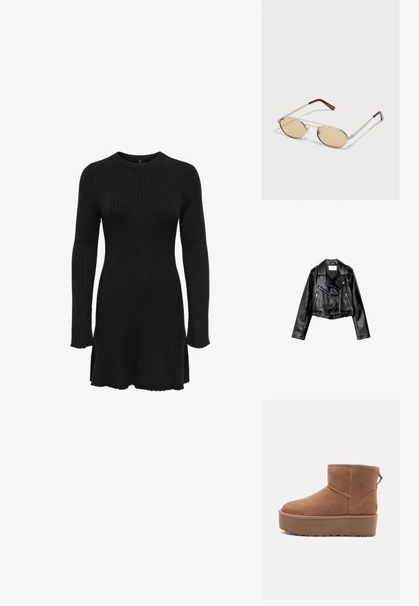 Černá zkrácená kožená motorkářská bunda s asymetrickým předním zipem, patentkami a čtyřmi zipy. Obsahuje nastavitelné pásmo v pase.; Černé hladké pletené šaty s dlouhými rukávy, kulatým výstřihem a bočními rozparky na lemu. Textura látky je měkká a elastická.; Hnědé semišové kotníkové boty s platformou, zaoblenou špičkou a prošíváním; mají poutko vzadu pro snadné obouvání.; Kovové sluneční brýle s oválnými, světle hnědými tónovanými skly. Úzký stříbrný rám s texturovanými akcenty a červenohnědými konci na nožičkách.