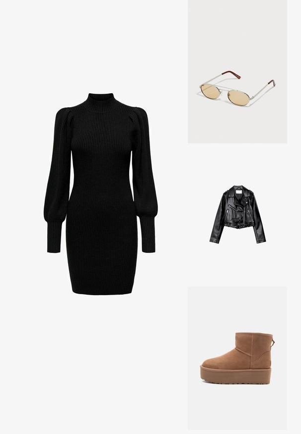 Schwarze, kurze Leder-Bikerjacke mit asymmetrischem Frontreißverschluss, Druckknöpfen und vier Reißverschlüssen. Mit einem verstellbaren Gürtel in der Taille.; Schwarzes Strickkleid mit hohem Kragen, langen Puffärmeln und gerippter Textur. Enganliegende Form, die bis zur Mitte des Oberschenkels reicht. Keine sichtbaren Muster oder Akzente.; Beige Wildleder-Ankle-Boot mit Plateausohle, abgerundetem Zehenbereich und abgesteppten Akzenten; verfügt über eine Zuglasche hinten für einfaches An- und Ausziehen.; Metallsonnenbrille mit ovalen, hellbraun getönten Gläsern. Schlanker silberner Rahmen mit strukturierten Akzenten und rötlich-braunen Spitzen an den Bügeln.