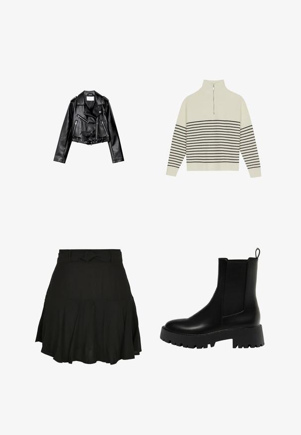 Črna usnjena motoristična jakna s krojem do pasu, z asimetričnim sprednjim zadrgo, sponkami in štirimi zadrgami. Ima nastavljiv pas na v pasu.; Pulover kremne barve z višjim ovratnikom, vertikalno rebrasto teksturo in horizontalnimi črnimi črtami po telesu in rokavih. Podrobnost z zadrgo v srebrni barvi.; Črna krilo s razširjenim dizajnom, ki vsebuje vozel na pasu in lahko tkanino, kar ustvarja nežne nabore na robu.; Črne usnjene gležnjarje z teksturirano bočno ploščo, zaobljenim prstom in debelim ploščatim podplatom, ki ima cik-cak vzorec.