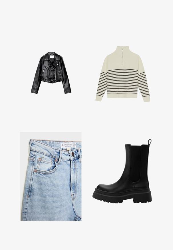 Crna skratena kožna moto jakna s asimetričnim prednjim zatvaračem, s gumbima na dugmad i četiri patentna zatvarača. Sadrži podesivi pojas u struku.; Pulover boje kreme s visokim ovratnikom, okomitim rebrastim teksturom i horizontalnim crnim prugama preko tijela i rukava. Detalj sa srebrnim patentnim zatvaračem.; Svijetloplave traperice s visokim strukom, pet džepova, hardverom u nijansi bakra i suptilnim izbljeđivanjem, s etiketom na pojasu.; Crne kožne Chelsea čizme s elastičnim bočnim panelima, debelim gumenim potplatom i zaobljenim vrhom. Teksturalna i glatka površina.