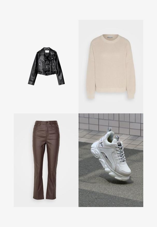 Črna usnjena motoristična jakna s krojem do pasu, z asimetričnim sprednjim zadrgo, sponkami in štirimi zadrgami. Ima nastavljiv pas na v pasu.; Anna Field Pulover - grey; Rjave hlače iz umetnega usnja s straight-leg dizajnom, ki vključujejo pet žepov, sprednjo gumbno zapiranje in vidne šive.; Bela superga z mrežastim in usnjenim materialom, zaobljenim nosom, debelim podplatom, opaznimi vezalkami ter blagovno znamko na peti in jeziku.