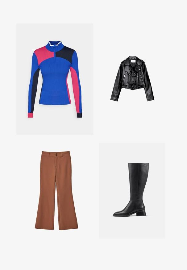 Svart kort läder motorcykeljacka med asymmetrisk frontdragkedja, tryckknappar och fyra dragkedjor. Har ett justerbart bälte i midjan.; J.LINDEBERG Sports DEBORAH ZIP SWEATER - Stickad tröja - club blue; Bruna, utställda byxor gjorda av mjukt tyg. Innehåller två framknappar och har en slät textur utan synliga mönster eller dekorationer.; Knähög svart läderstövel med rund tå och låg, klossig klack. Har en slät yta och minimalistisk sömnadsdetalj.