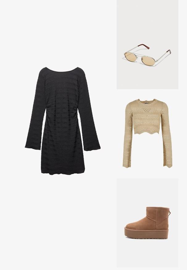 Schwarze, kurze Leder-Bikerjacke mit asymmetrischem Frontreißverschluss, Druckknöpfen und vier Reißverschlüssen. Mit einem verstellbaren Gürtel in der Taille.; Beige gestrickter Crop-Top mit langen Ärmeln, mit gewelltem Saum, strukturierten Mustern und offenen Details.; Schwarzes Kleid mit langen Glockenärmeln, strukturiertem Stoff mit horizontalen Streifen, rundem Ausschnitt und gerafften Seitendetails.; Beige Wildleder-Ankle-Boot mit Plateausohle, abgerundetem Zehenbereich und abgesteppten Akzenten; verfügt über eine Zuglasche hinten für einfaches An- und Ausziehen.; Metallsonnenbrille mit ovalen, hellbraun getönten Gläsern. Schlanker silberner Rahmen mit strukturierten Akzenten und rötlich-braunen Spitzen an den Bügeln.