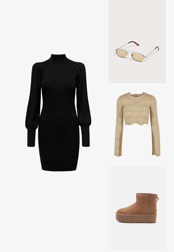 Črna usnjena motoristična jakna s krojem do pasu, z asimetričnim sprednjim zadrgo, sponkami in štirimi zadrgami. Ima nastavljiv pas na v pasu.; Bež pleten zgornji del s kratkimi rokavi, ki ima rob s valovitimi robovi, teksturirane vzorce in odprte detajle po celotni dolžini.; Črna pletena obleka z visokim ovratnikom, dolgimi nabranimi rokavi in rebrasto teksturo. Prilegajoča se oblika, ki seže do sredine stegen. Brez vidnih vzorcev ali akcentov.; Bela antilopova gležnjača s platformom, okruglim vrhom i dekorativnim šavovima; ima uvučenu petlju straga za lakše oblačenje.; Metalne sončna očala z ovalnimi, svetlo rjavimi lečami. Tanjša srebrna okvirja s teksturiranimi detajli in rdečkasto-rjavimi konicami na ročajih.