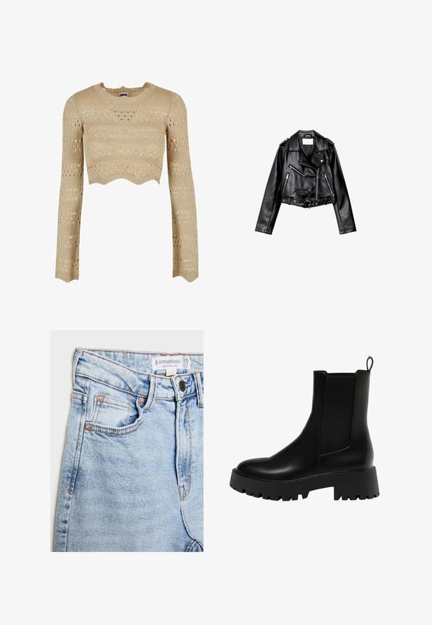 Černá zkrácená kožená motorkářská bunda s asymetrickým předním zipem, patentkami a čtyřmi zipy. Obsahuje nastavitelné pásmo v pase.; Beige pletený crop top s dlouhými rukávy, s vykrojeným lemem, texturovanými vzory a otevřenými detaily po celém povrchu.; Světle modré džíny z denimu s vysokým pasem, pěti kapsami, hardwarem v měděném tónu a jemným vyblednutím, s etiketou na pásku.; Černé kožené kotníkové boty s texturovaným bočním panelem, kulatou špičkou a masivní podrážkou s klínovým vzorem.