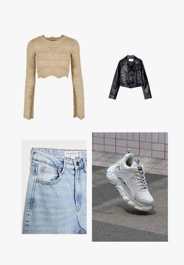 Sort cropped læderbikerjakke med asymmetrisk frontlynlås, trykknapper og fire lynlåse. Har et justerbart bælte i taljen.; Beige strikket crop top med lange ærmer, der har en bølget kant, teksturerede mønstre og åbne detaljer gennem hele. ; Lyseblå denimjeans med høj talje, fem lommer, hardware i kobberfarve og subtil falming, med et mærke ved taljeopdækningen.; Hvide sneakers med mesh- og lædermaterialer, rund tå, tyk sål, fremtrædende snørebånd og branding på hælen og tungen.