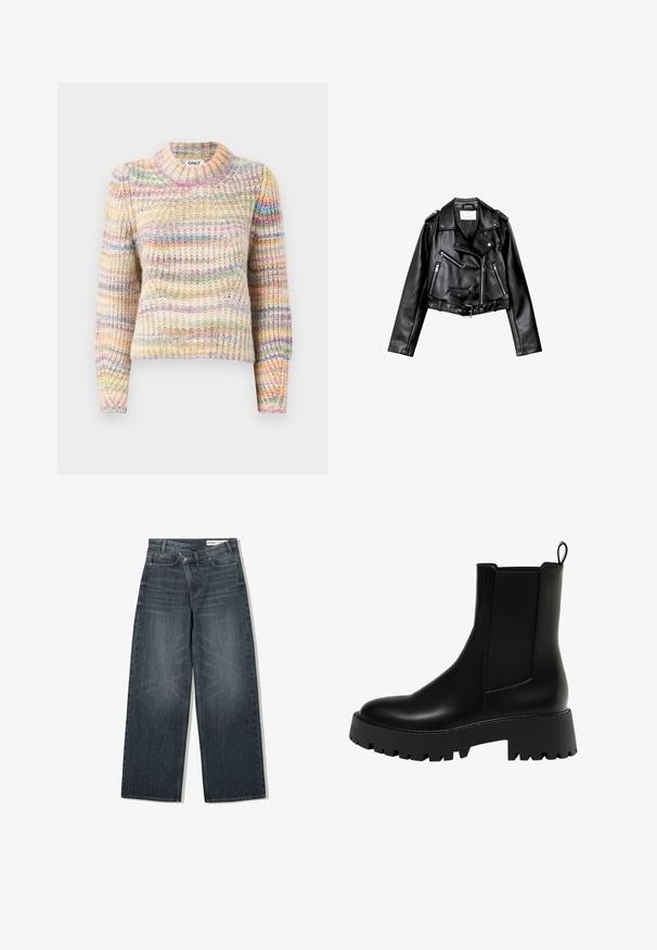 Čierna skrátená kožená motorkárska bunda s asymetrickým predným zipsom, cvokmi a štyrmi zipsami. Obsahuje nastaviteľný opasok v oblasti pásu.; Mnohofarebný pletený sveter s rebrovanou textúrou, s vysokým golierom, dlhými rukávmi a striedajúcimi sa pruhmi v pastelových odtieňoch.; Tmavé denimové džínsy s širokým strihom, s vysokým pásom, piatimi vreckami a jemným žmurkaním na prednej strane.; Čierna kožená členková bota s textúrovaným bočným panelom, zaoblenou špičkou a masívnou platformou s cikcak vzorom.