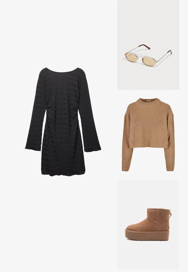 Schwarze, kurze Leder-Bikerjacke mit asymmetrischem Frontreißverschluss, Druckknöpfen und vier Reißverschlüssen. Mit einem verstellbaren Gürtel in der Taille.; Beige Strickpullover mit hohem Kragen, verkürztem Design, langen Ärmeln und einem strukturierten Muster. Mit gerippten Bündchen und Saum.; Schwarzes Kleid mit langen Glockenärmeln, strukturiertem Stoff mit horizontalen Streifen, rundem Ausschnitt und gerafften Seitendetails.; Beige Wildleder-Ankle-Boot mit Plateausohle, abgerundetem Zehenbereich und abgesteppten Akzenten; verfügt über eine Zuglasche hinten für einfaches An- und Ausziehen.; Metallsonnenbrille mit ovalen, hellbraun getönten Gläsern. Schlanker silberner Rahmen mit strukturierten Akzenten und rötlich-braunen Spitzen an den Bügeln.