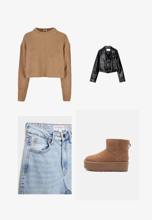 Schwarze, kurze Leder-Bikerjacke mit asymmetrischem Frontreißverschluss, Druckknöpfen und vier Reißverschlüssen. Mit einem verstellbaren Gürtel in der Taille.; Beige Strickpullover mit hohem Kragen, verkürztem Design, langen Ärmeln und einem strukturierten Muster. Mit gerippten Bündchen und Saum.; Helle blaue Jeans mit hoher Taille, fünf Taschen, Hardware in Kupferoptik und dezentem Ausbleichen, mit einem Etikett am Bund.; Beige Wildleder-Ankle-Boot mit Plateausohle, abgerundetem Zehenbereich und abgesteppten Akzenten; verfügt über eine Zuglasche hinten für einfaches An- und Ausziehen.