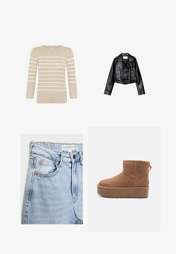 Schwarze, kurze Leder-Bikerjacke mit asymmetrischem Frontreißverschluss, Druckknöpfen und vier Reißverschlüssen. Mit einem verstellbaren Gürtel in der Taille.; Beige Strickpullover mit horizontalen weißen Streifen, rundem Ausschnitt und Drei-Viertel-Ärmeln. Weiche Textur und gerade geschnittenes Design.; Helle blaue Jeans mit hoher Taille, fünf Taschen, Hardware in Kupferoptik und dezentem Ausbleichen, mit einem Etikett am Bund.; Beige Wildleder-Ankle-Boot mit Plateausohle, abgerundetem Zehenbereich und abgesteppten Akzenten; verfügt über eine Zuglasche hinten für einfaches An- und Ausziehen.