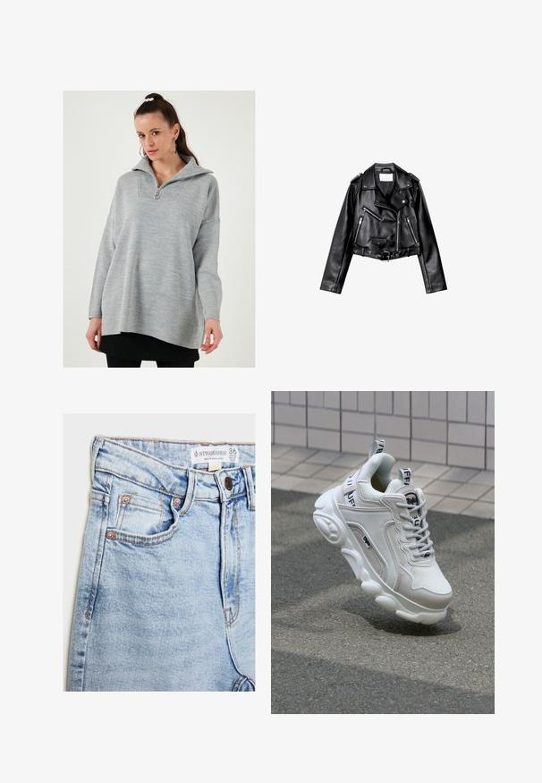 Črna usnjena motoristična jakna s krojem do pasu, z asimetričnim sprednjim zadrgo, sponkami in štirimi zadrgami. Ima nastavljiv pas na v pasu.; Svetlo siva pulover jakna z visokim ovratnikom in pol zadrgo. Ima teksturirano ploščo na ovratniku in ohlapen, sproščen kroj.; Svetlo modri jeans z visokim pasom, petimi žepi, trdnim kovinskim dodatkom v bakreni barvi in subtilnim bledenjem, z oznako na pasu.; Bela superga z mrežastim in usnjenim materialom, zaobljenim nosom, debelim podplatom, opaznimi vezalkami ter blagovno znamko na peti in jeziku.