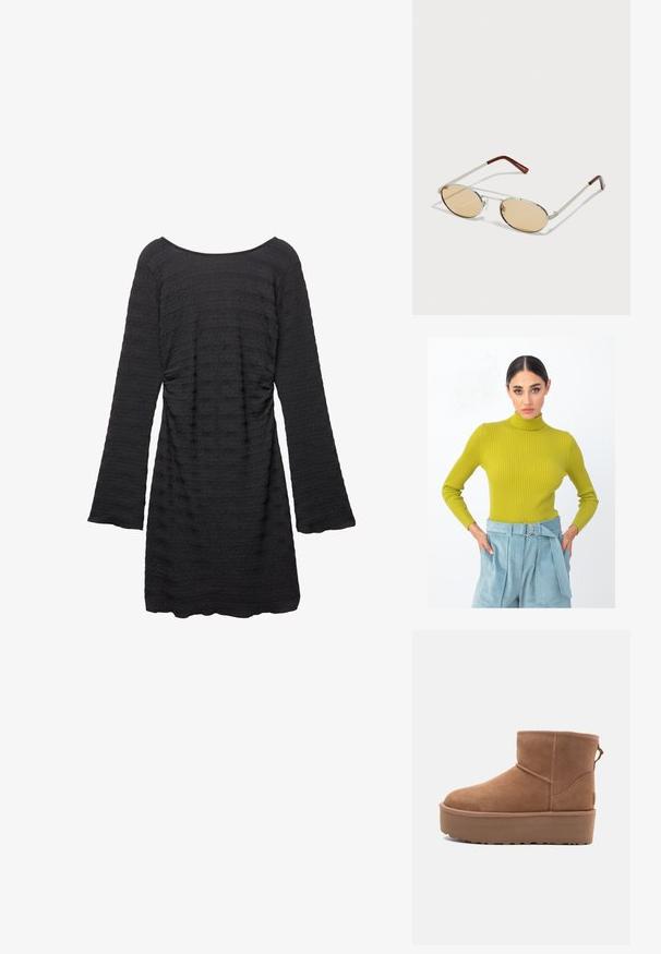 Črna usnjena motoristična jakna s krojem do pasu, z asimetričnim sprednjim zadrgo, sponkami in štirimi zadrgami. Ima nastavljiv pas na v pasu.; Rebrast pulover s turtleneck ovratnikom v svetlo zeleni barvi, z dolgimi rokavi. Ujemajoče se z visokimi svetlo modrimi hlačami z vezanim pasom.; Črna obleka z dolgimi zvončastimi rokavi, teksturirana tkanina z vodoravnimi črtami, okroglo izrezovanje in nagubana stranska poudaritev.; Bela antilopova gležnjača s platformom, okruglim vrhom i dekorativnim šavovima; ima uvučenu petlju straga za lakše oblačenje.; Metalne sončna očala z ovalnimi, svetlo rjavimi lečami. Tanjša srebrna okvirja s teksturiranimi detajli in rdečkasto-rjavimi konicami na ročajih.