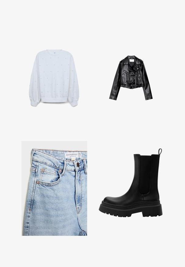 Giacca da moto nera in pelle cropped con zip frontale asimmetrica, bottoni a pressione e quattro zip. Presenta una cintura regolabile in vita.; Felpa bianca a maniche lunghe, caratterizzata da un tessuto testurizzato decorato con piccole perle decorative di dimensioni uniformi. Polsini e orlo a costine.; Jeans in denim azzurro chiaro con vita alta, cinque tasche, accessori in tonalità rame e leggera scoloritura, con etichetta sulla vita.; Stivali Chelsea in pelle nera con inserti elastici laterali, suola in gomma spessa e punta arrotondata. Finitura texturizzata e liscia.