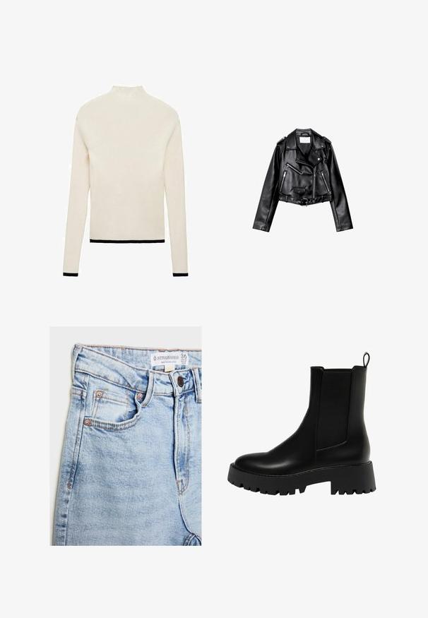 Schwarze, kurze Leder-Bikerjacke mit asymmetrischem Frontreißverschluss, Druckknöpfen und vier Reißverschlüssen. Mit einem verstellbaren Gürtel in der Taille.; Rippstrickpullover in Weiß mit hohem Kragen und langen Ärmeln. Mit schwarzen Besätzen an den Bündchen und dem Saum, die einen kontrastierenden Akzent setzen.; Helle blaue Jeans mit hoher Taille, fünf Taschen, Hardware in Kupferoptik und dezentem Ausbleichen, mit einem Etikett am Bund.; Schwarze Leder-Stiefelette mit einem strukturierten Seitenpanel, runder Zehenpartie und klobigem Plateau-Sohlenprofil mit Zickzack-Profil.