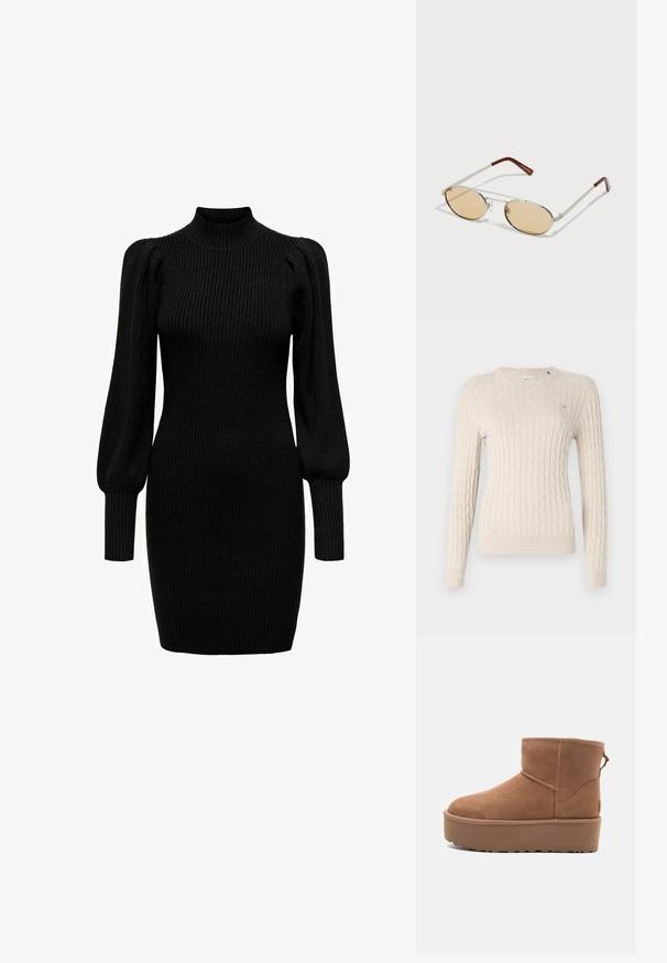 Schwarze, kurze Leder-Bikerjacke mit asymmetrischem Frontreißverschluss, Druckknöpfen und vier Reißverschlüssen. Mit einem verstellbaren Gürtel in der Taille.; Beige Kabelstrickpullover mit rundem Halsausschnitt, langen Ärmeln und gerippten Bündchen. Verfügt über ein kleines Logodetail auf der Brust.; Schwarzes Strickkleid mit hohem Kragen, langen Puffärmeln und gerippter Textur. Enganliegende Form, die bis zur Mitte des Oberschenkels reicht. Keine sichtbaren Muster oder Akzente.; Beige Wildleder-Ankle-Boot mit Plateausohle, abgerundetem Zehenbereich und abgesteppten Akzenten; verfügt über eine Zuglasche hinten für einfaches An- und Ausziehen.; Metallsonnenbrille mit ovalen, hellbraun getönten Gläsern. Schlanker silberner Rahmen mit strukturierten Akzenten und rötlich-braunen Spitzen an den Bügeln.