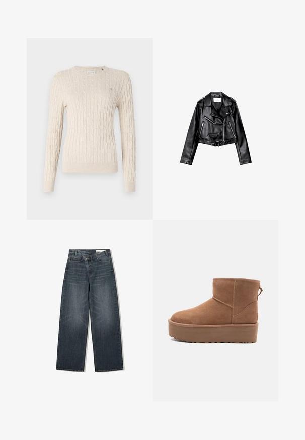 Črna usnjena motoristična jakna s krojem do pasu, z asimetričnim sprednjim zadrgo, sponkami in štirimi zadrgami. Ima nastavljiv pas na v pasu.; Bežni pulover z kabelskim pletenjem, okroglo izrezan, z dolgimi rokavi in ribastimi manšetami. Ima majhno logotipsko podrobnost na prsih.; Temneje prane kavbojke širokega kroja, z visokim pasom, petimi žepi in subtilnim brušenjem spredaj.; Bela antilopova gležnjača s platformom, okruglim vrhom i dekorativnim šavovima; ima uvučenu petlju straga za lakše oblačenje.